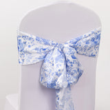 Elevate Your Event with White Blue Chinoiserie Floral Print Satin Chair Sashes